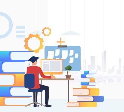 Student in graduation cap using computer at desk. University, graduation, information concept. Vector illustration can be used for topics like literature, knowledge, education